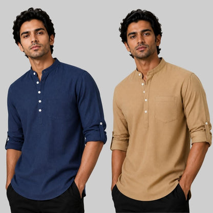 Combo of 2 Linen Solid Short Kurta Navy Blue and Dark Beige-51085