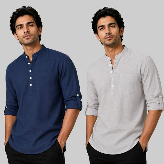 Combo of 2 Linen Solid Short Kurta Navy Blue and Light Gray-51083