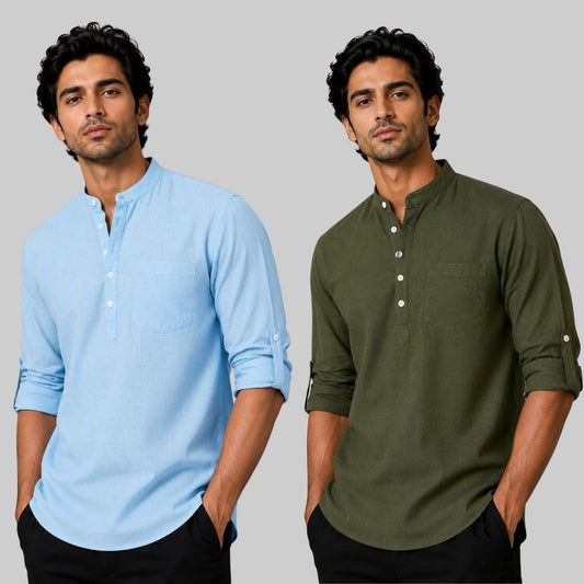 Combo of 2 Linen Solid Short Kurta Sky Blue and Army Green-51048