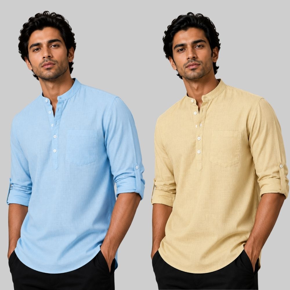 Combo of 2 Linen Solid Short Kurta Sky Blue and Beige-51046