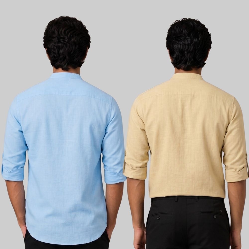Combo of 2 Linen Solid Short Kurta Sky Blue and Beige-51046