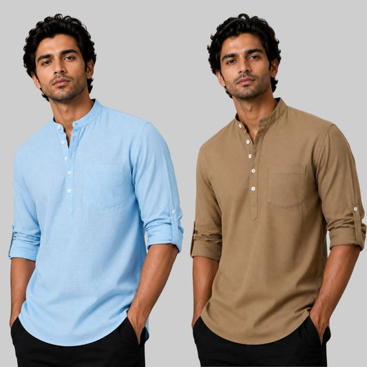 Combo of 2 Linen Solid Short Kurta Sky Blue and Brown-51050