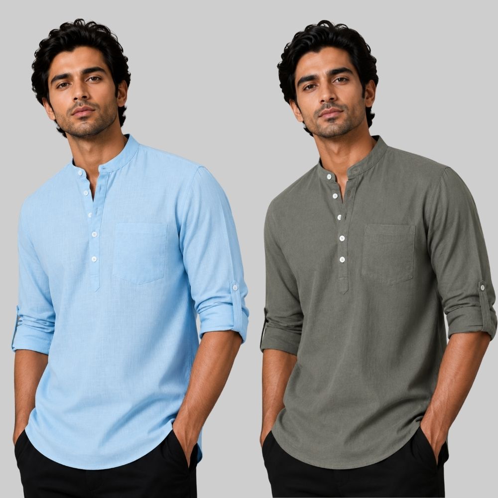 Combo of 2 Linen Solid Short Kurta Sky Blue and Gray-51043