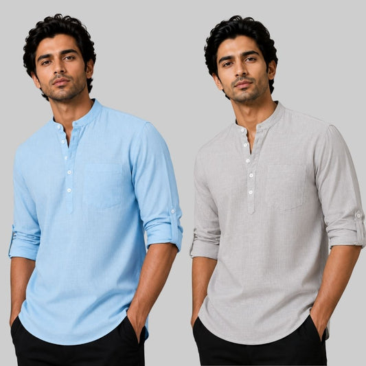 Combo of 2 Linen Solid Short Kurta Sky Blue and Light Gray-51049