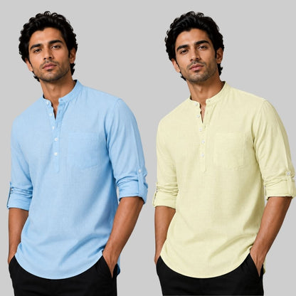 Combo of 2 Linen Solid Short Kurta Sky Blue and Light Yellow-51047