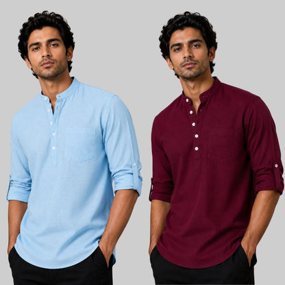 Combo of 2 Linen Solid Short Kurta Sky Blue and Maroon-51042