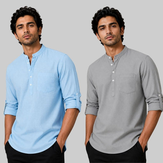 Combo of 2 Linen Solid Short Kurta Sky Blue and Off White-51052