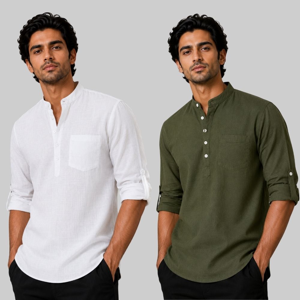 Combo of 2 Linen Solid Short Kurta White and Army Green-51037