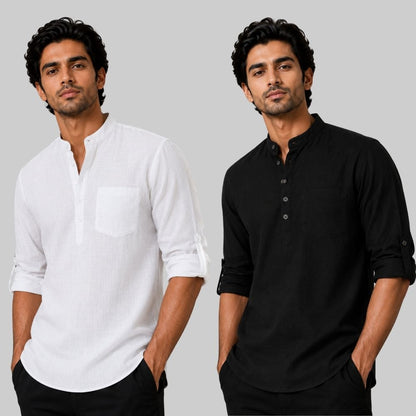 Combo of 2 Linen Solid Short Kurta White and Black-51033