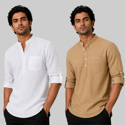 Combo of 2 Linen Solid Short Kurta White and Dark Beige-51040