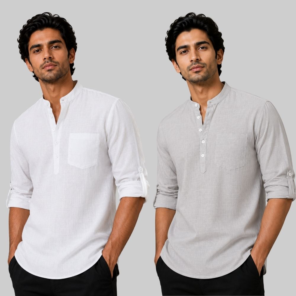 Combo of 2 Linen Solid Short Kurta White and Light Gray-51038