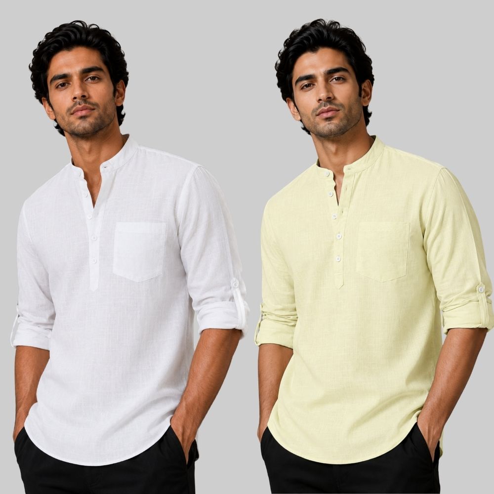 Combo of 2 Linen Solid Short Kurta White and Light Yellow-51036