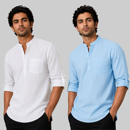 Combo of 2 Linen Solid Short Kurta White and Sky Blue-51030