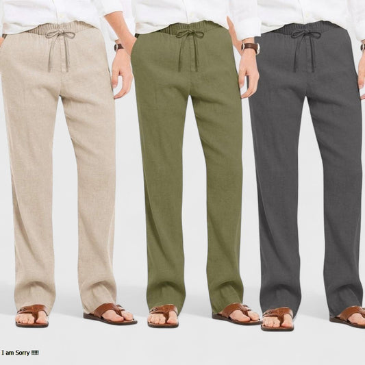 Combo of 3 Linen Loose Fit Men Pant Dark Gray-Olive Green and Light Beige-50455