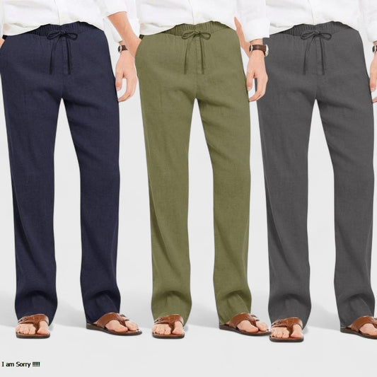 Combo of 3 Linen Loose Fit Men Pant Dark Gray-Olive Green and Navy Blue-50458