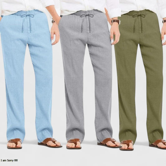 Combo of 3 Linen Loose Fit Men Pant Olive Green-Gray and Blue-50414