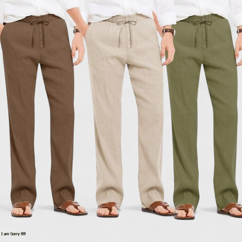 Combo of 3 Linen Loose Fit Men Pant Olive Green-Light Beige and Brown-50433