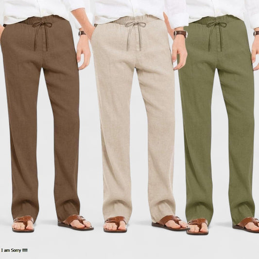Combo of 3 Linen Loose Fit Men Pant Olive Green-Light Beige and Brown-50433