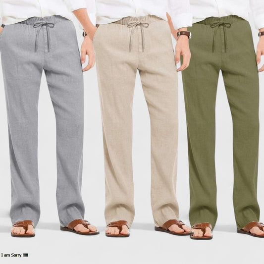 Combo of 3 Linen Loose Fit Men Pant Olive Green-Light Beige and Gray-50443