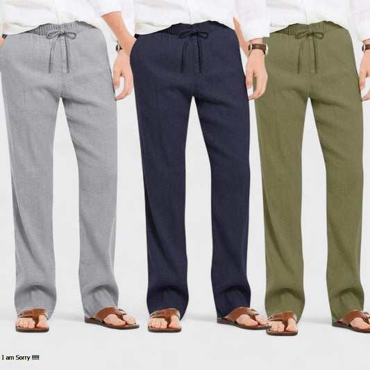 Combo of 3 Linen Loose Fit Men Pant Olive Green-Navy Blue and Gray-50446