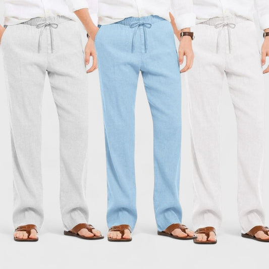 Combo of 3 Linen Loose Fit Men Pant White-Blue and Light Gray-50356