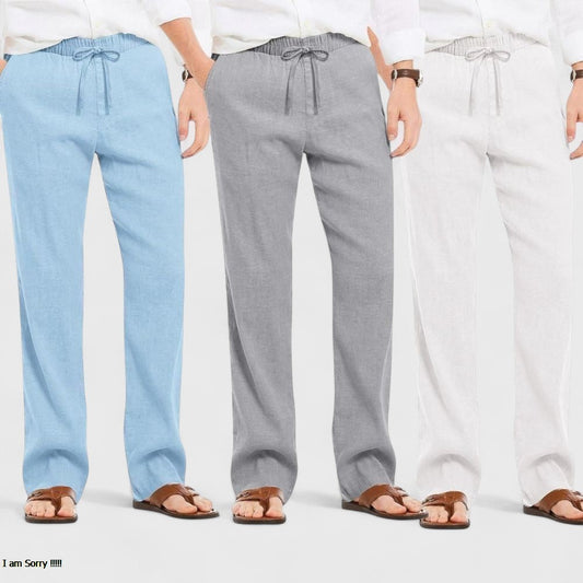 Combo of 3 Linen Loose Fit Men Pant White-Gray and Blue-50416