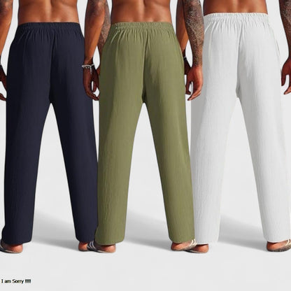 Combo of 3 Linen Loose Fit Men Pant White-Olive Green and Navy Blue-50459