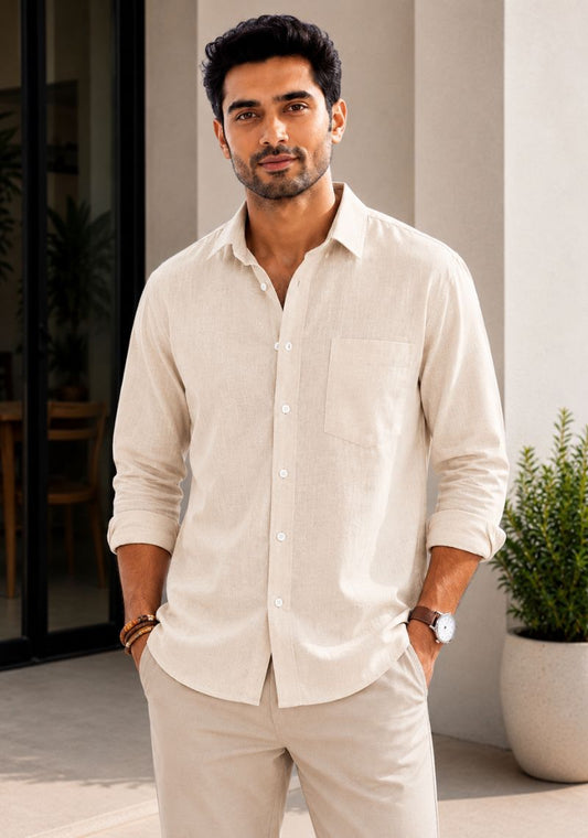 Cream Cotton Linen Relaxed Fit Full Sleeve Shirt-51880