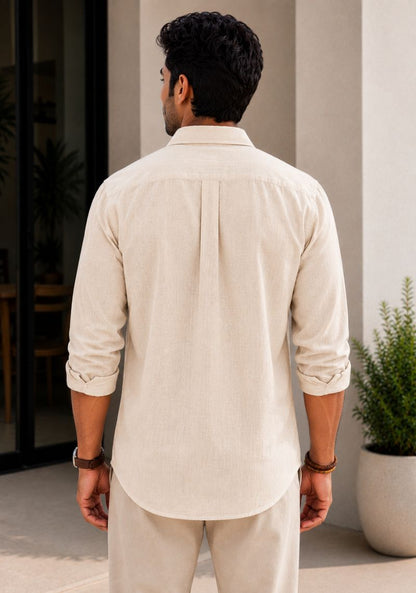 Cream Cotton Linen Relaxed Fit Full Sleeve Shirt-51880