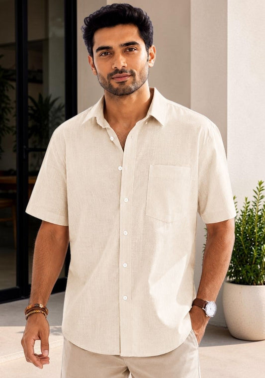 Cream Linen Relaxed Fit Half Sleeve Shirt-51718