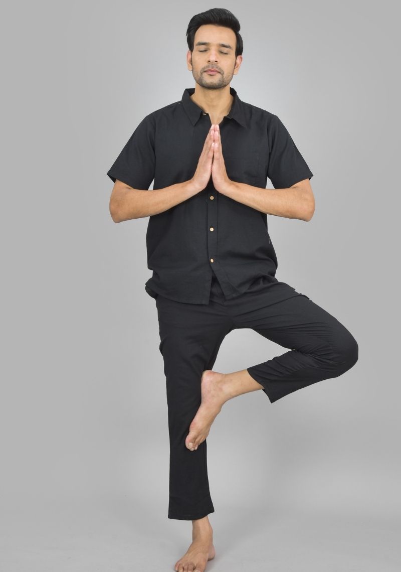 Men Cotton Shirt Solid Co-ord Set Black-47320