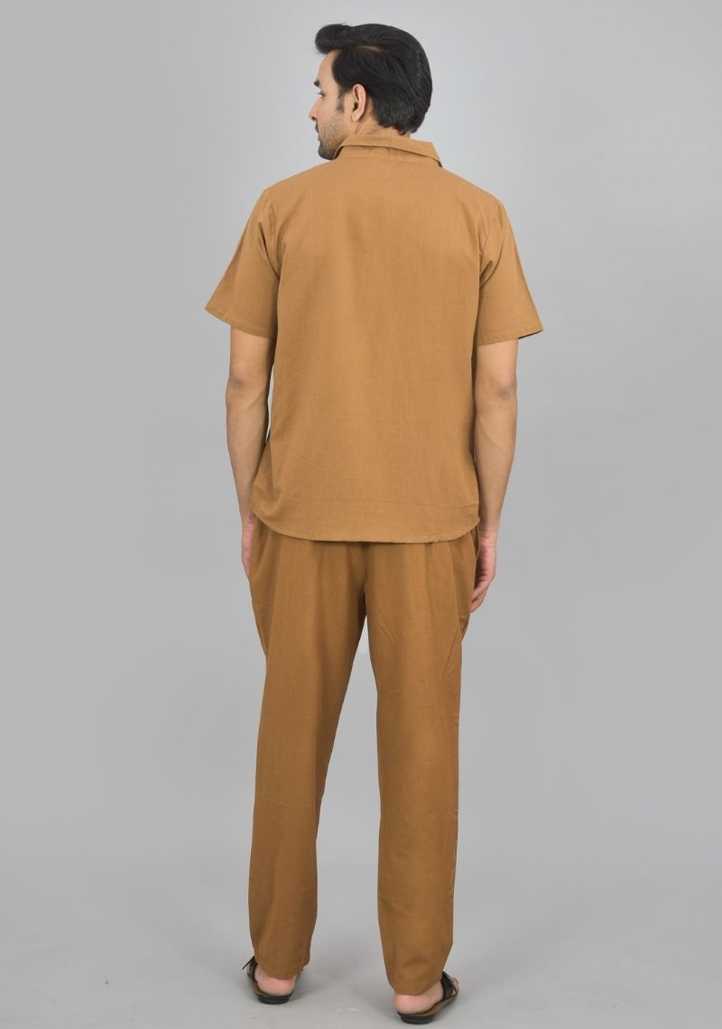 Men Cotton Shirt Solid Co-ord Set Brown-47321