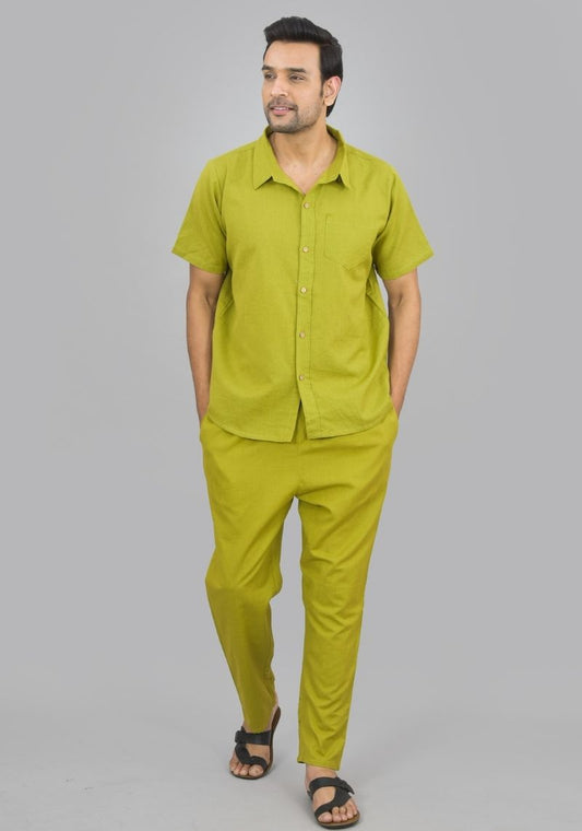 Men Cotton Shirt Solid Co-ord Set Olive Green-47325
