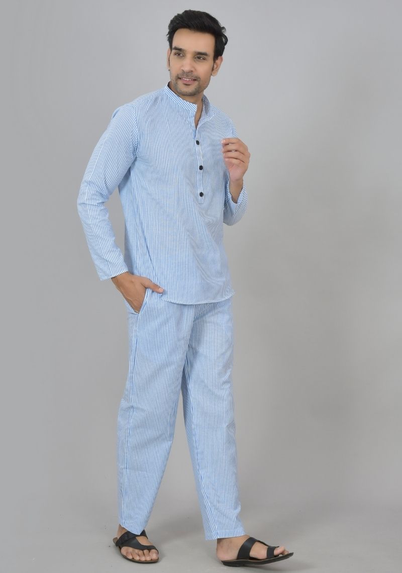 Men Cotton Stripe Co-ord Set Sky Blue White-48589