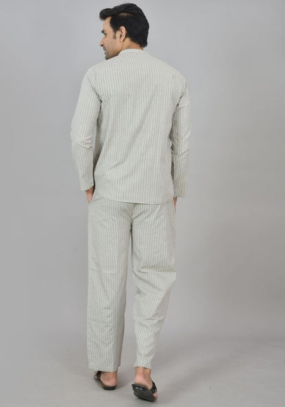 Men Cotton Stripe Co-ord Set White Black-48604