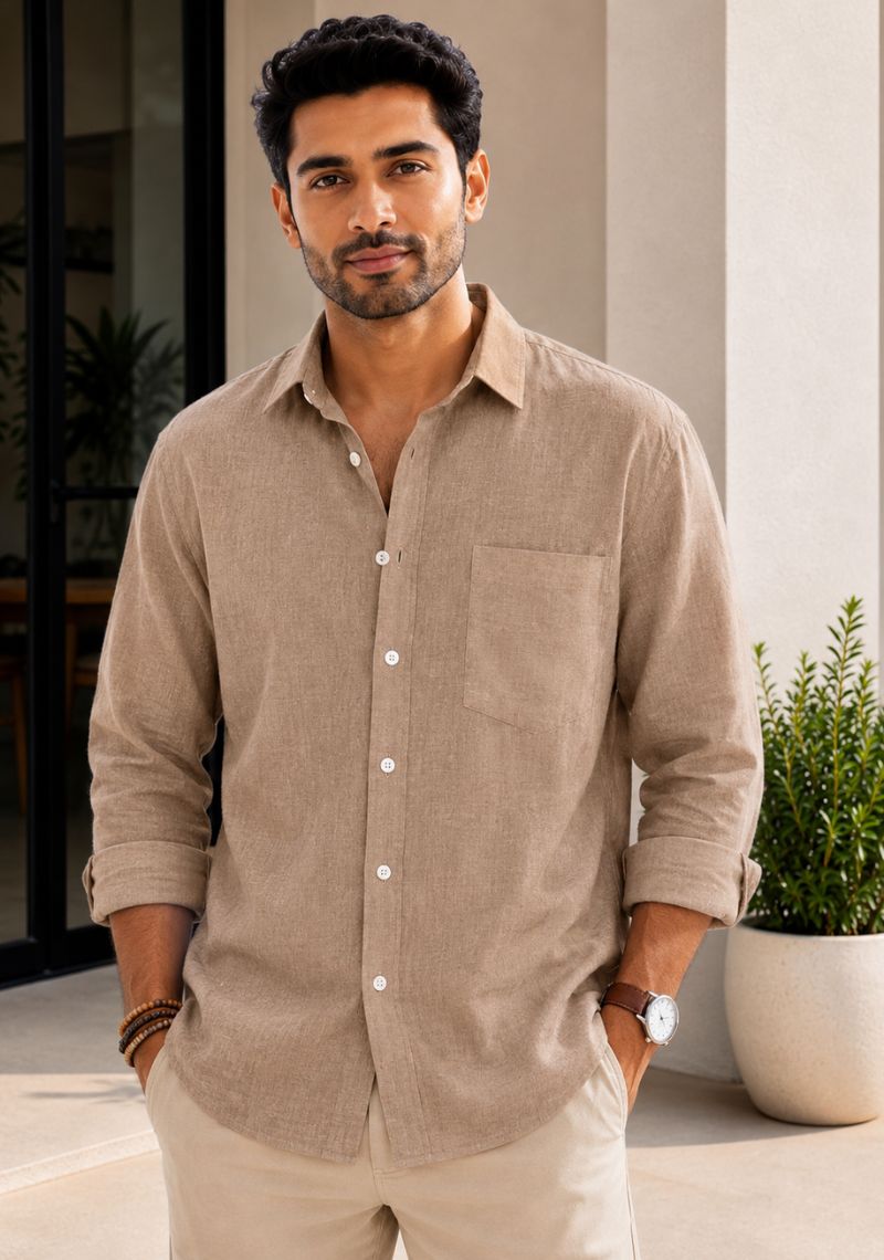 Dark Beige Cotton Linen Relaxed Fit Full Sleeve Shirt-51889