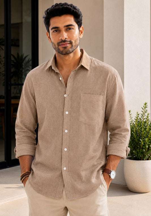 Dark Beige Cotton Linen Relaxed Fit Full Sleeve Shirt-51889