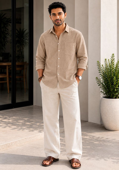 Dark Beige Cotton Linen Relaxed Fit Full Sleeve Shirt-51889