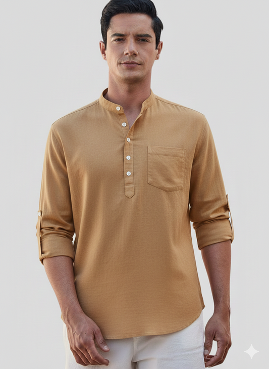 Dark Beige Linen Solid Short Kurta-50846
