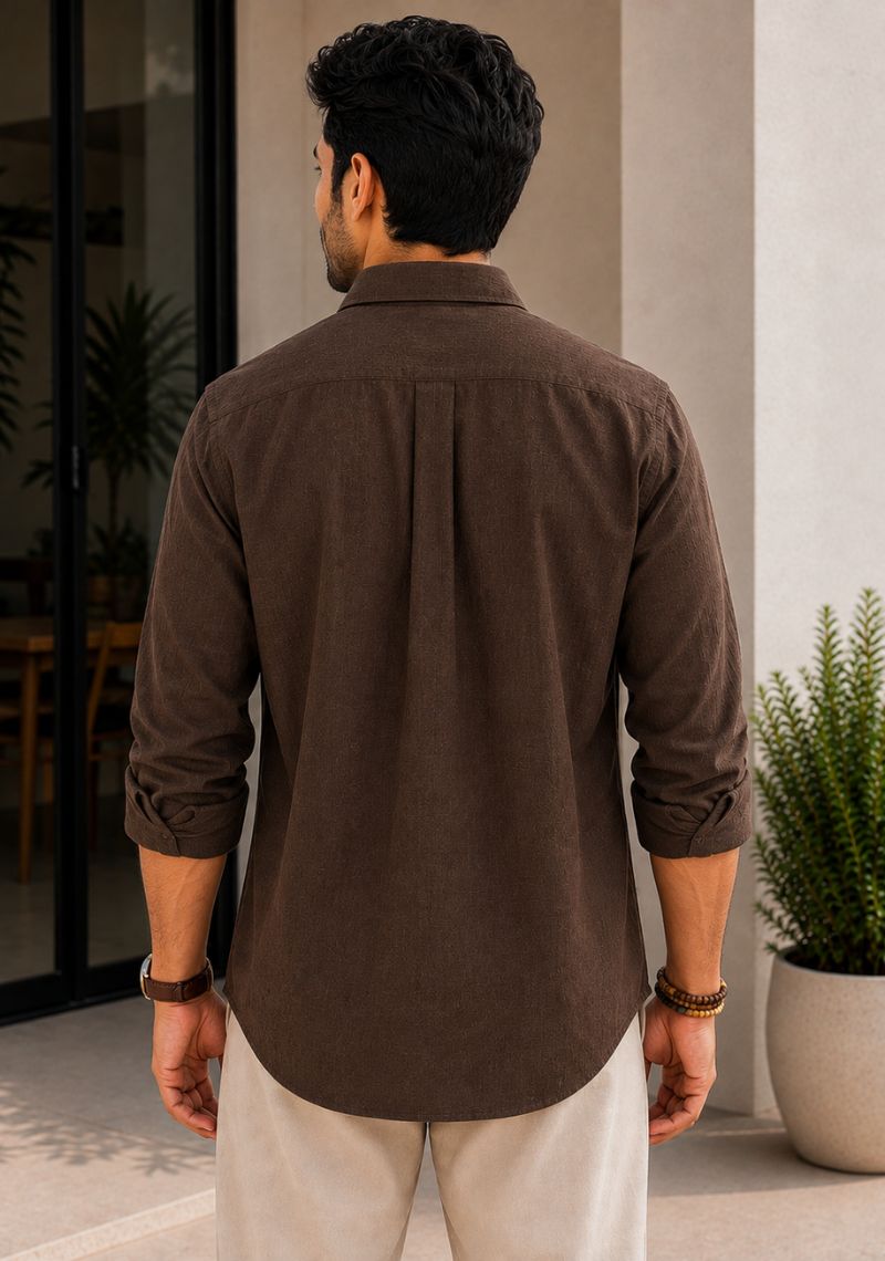 Dark Brown Cotton Linen Relaxed Fit Full Sleeve Shirt-51882