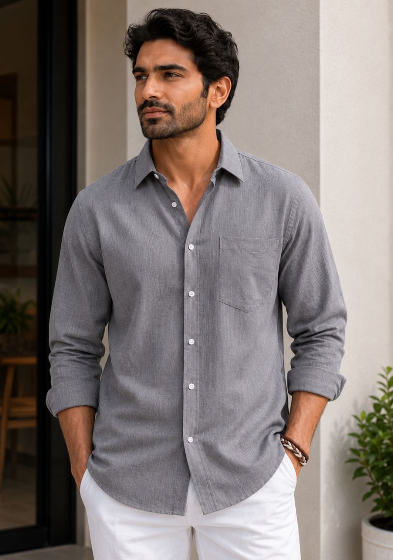 Gray Cotton Linen Relaxed Fit Full Sleeve Shirt-51883
