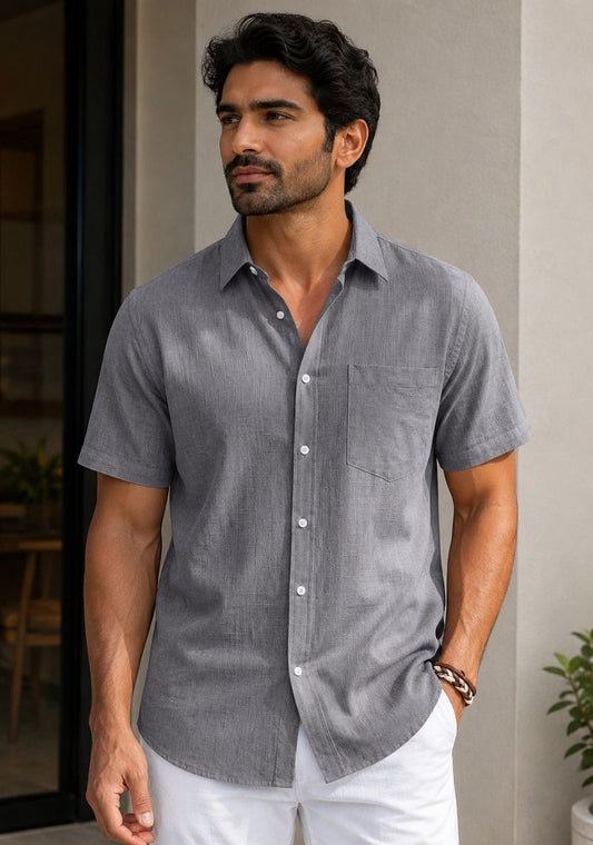 Gray Linen Relaxed Fit Half Sleeve Shirt-51705