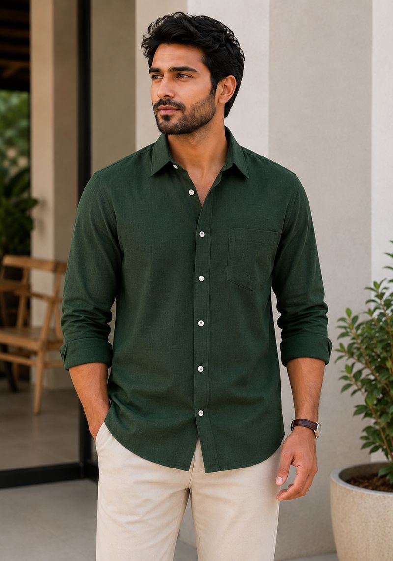 Green Cotton Linen Relaxed Fit Full Sleeve Shirt-51876