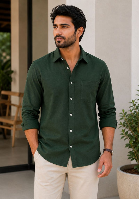 Green Cotton Linen Relaxed Fit Full Sleeve Shirt-51876