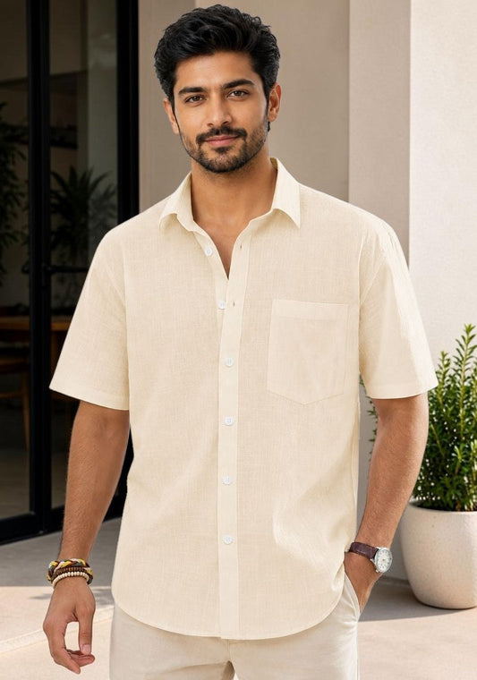 Light Beige Linen Relaxed Fit Half Sleeve Shirt-51712