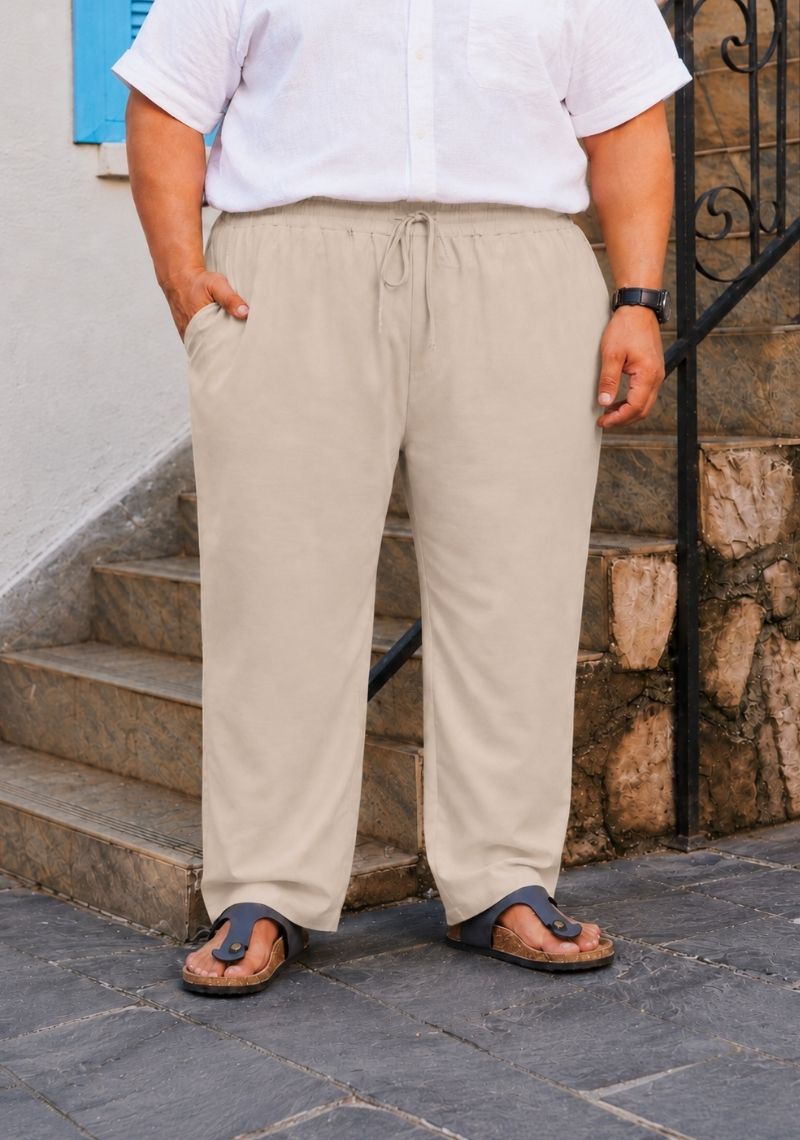 Light Beige Linen Plus SIze Relaxed Fit Men Pant-51549