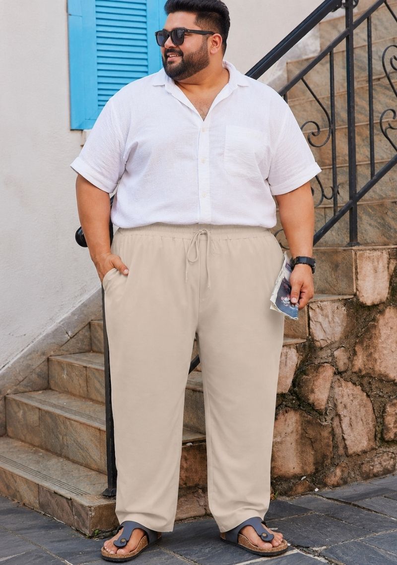 Light Beige Linen Plus SIze Relaxed Fit Men Pant-51549