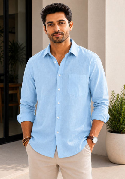 Light Blue Cotton Linen Relaxed Fit Full Sleeve Shirt-51885