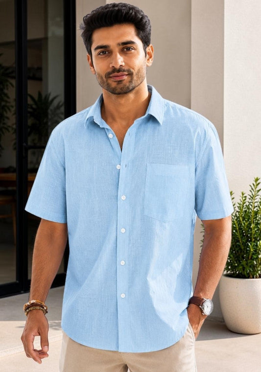 Light Blue Linen Relaxed Fit Half Sleeve Shirt-51717