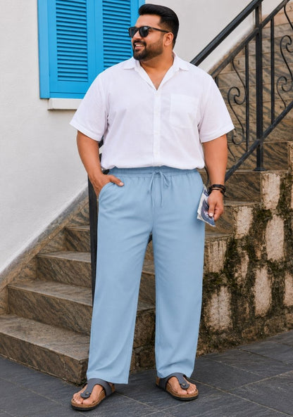 Light Blue Linen Plus SIze Relaxed Fit Men Pant-51560